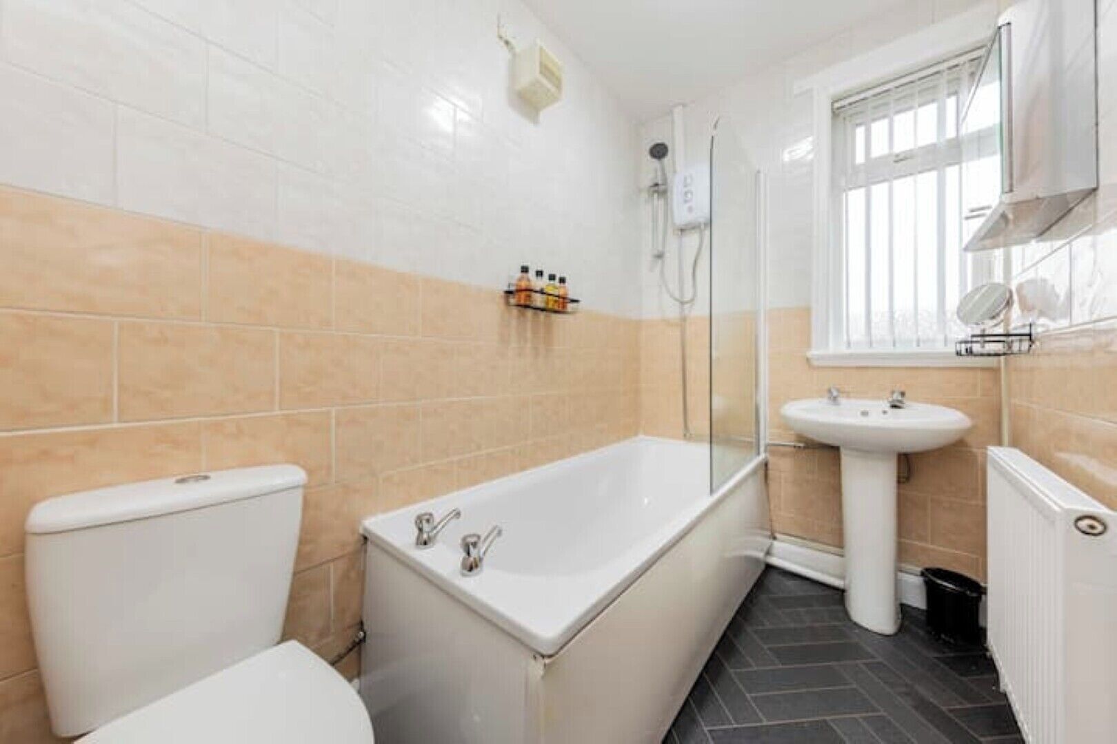 Hair dryer, towels, soap, toilet paper