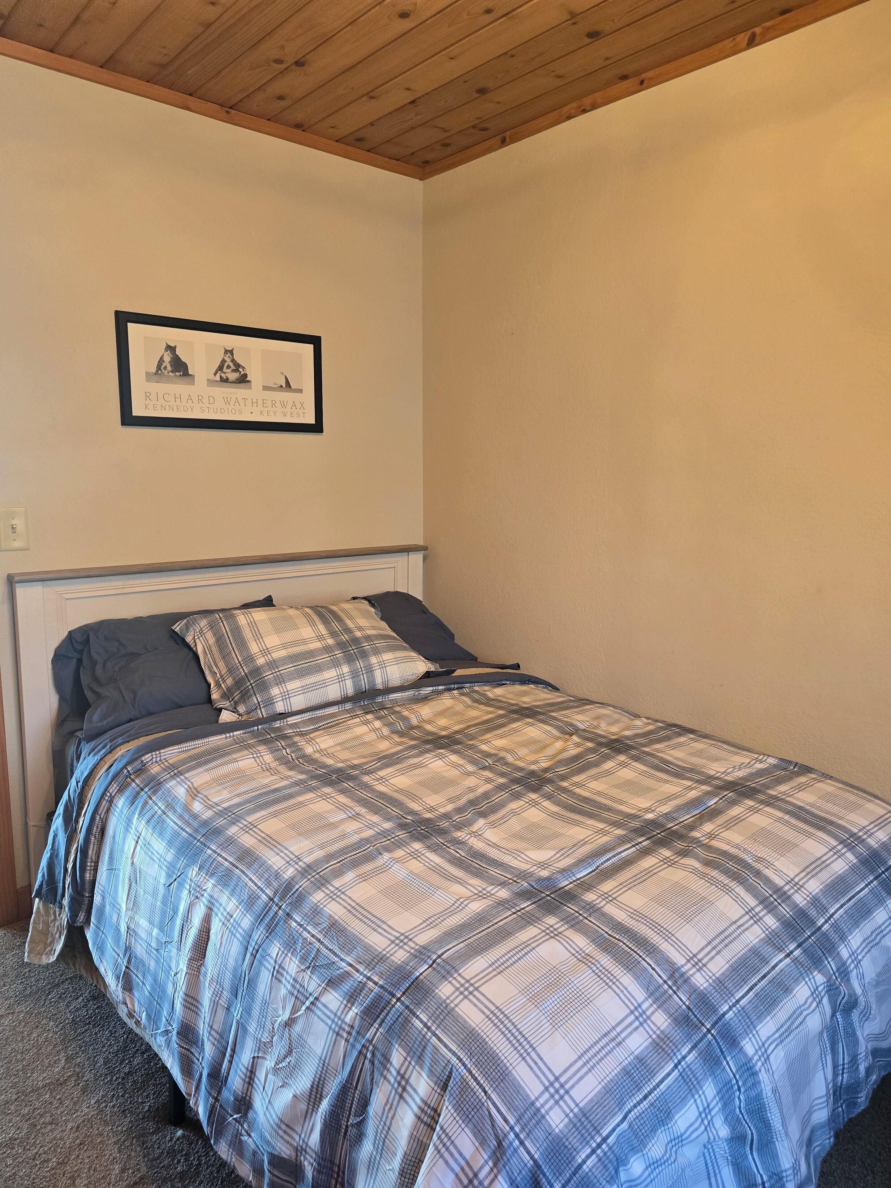 Une chambre à coucher avec un lit, un tableau encadré au mur et un plafond en bois.