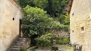 Un patio de piedra con escalones que conducen a una puerta de madera, rodeado de abundante vegetación y un muro de piedra.