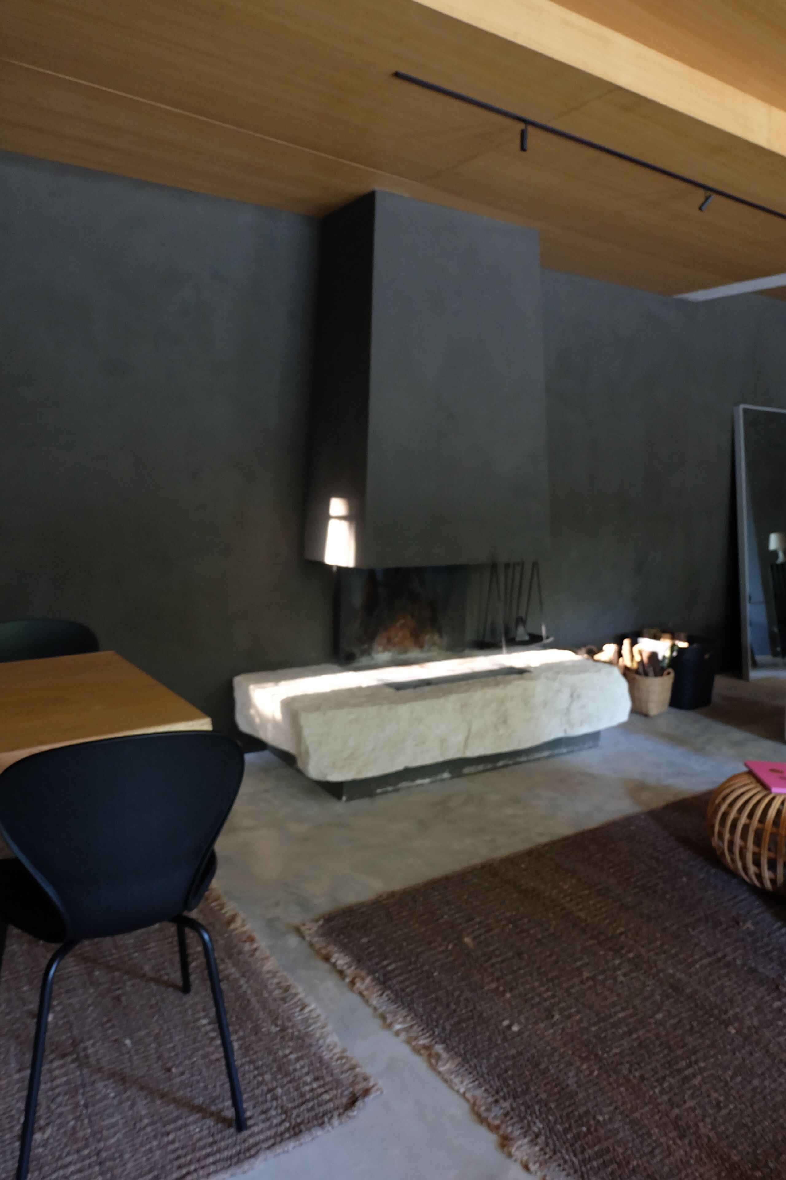 Een moderne woonkamer met een open haard, een eettafel en een bank.