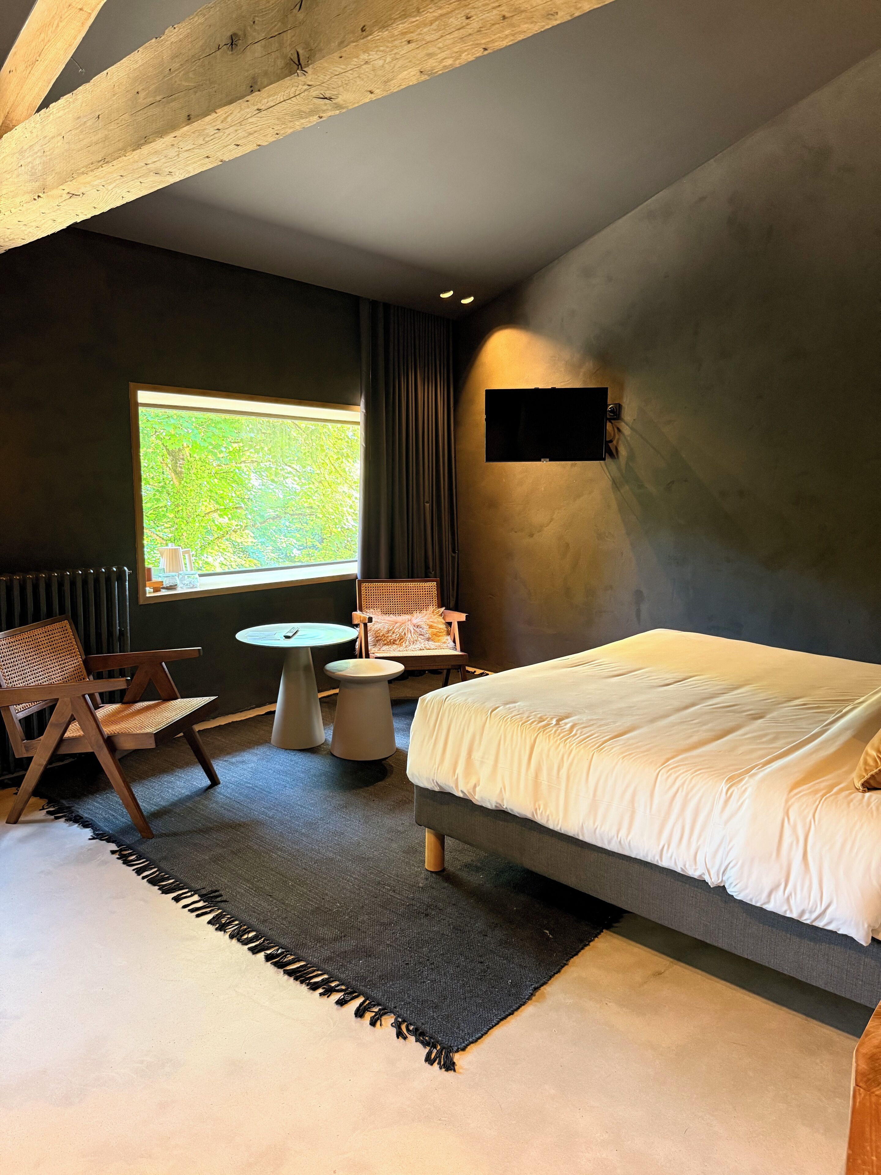 A modern bedroom with a bed, two chairs, a small table, a window with a view of greenery, and a wall-mounted TV.