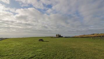 Een grasveld met een picknicktafel en een historisch gebouw in de verte.