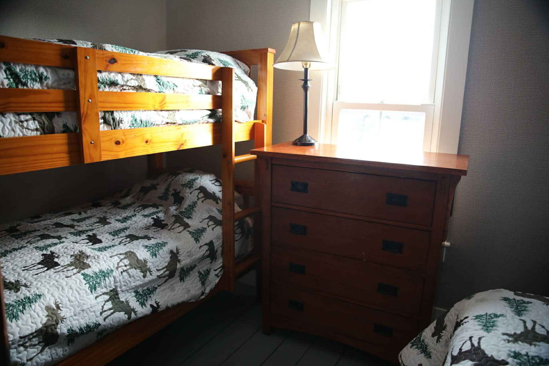 A bunk bed with a patterned bedspread, a wooden nightstand with a lamp, and a dresser with drawers.