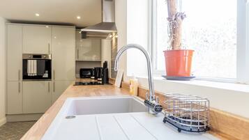 A modern kitchen with a stainless steel sink, a range hood, and a window with a potted plant.