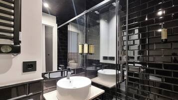 Familiekamer | Badkamer | Een douche, een haardroger, handdoeken, zeep