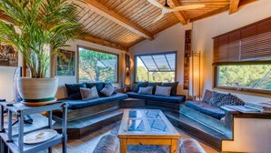A modern interior with a wooden ceiling, large windows, a sectional sofa, and a potted plant.