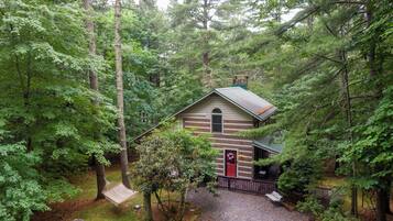 A cabin surrounded by dense forest, with a gravel driveway leading to the entrance.