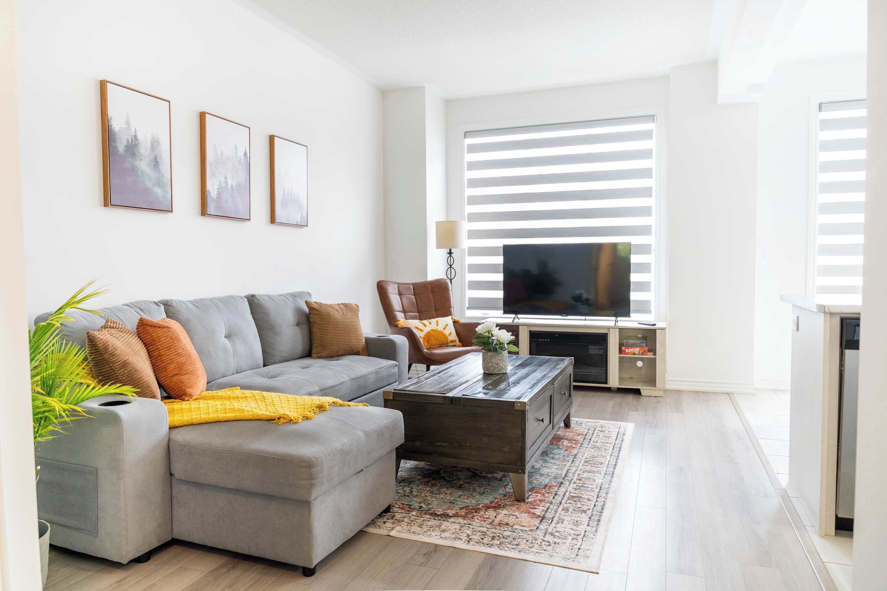 Télévision, cheminée, espaces bureaux