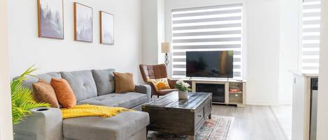 Télévision, cheminée, espaces bureaux