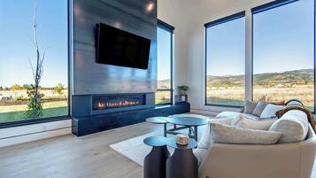 Smart TV, fireplace, books, stereo