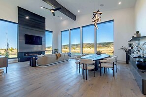 Smart TV, fireplace, books, stereo