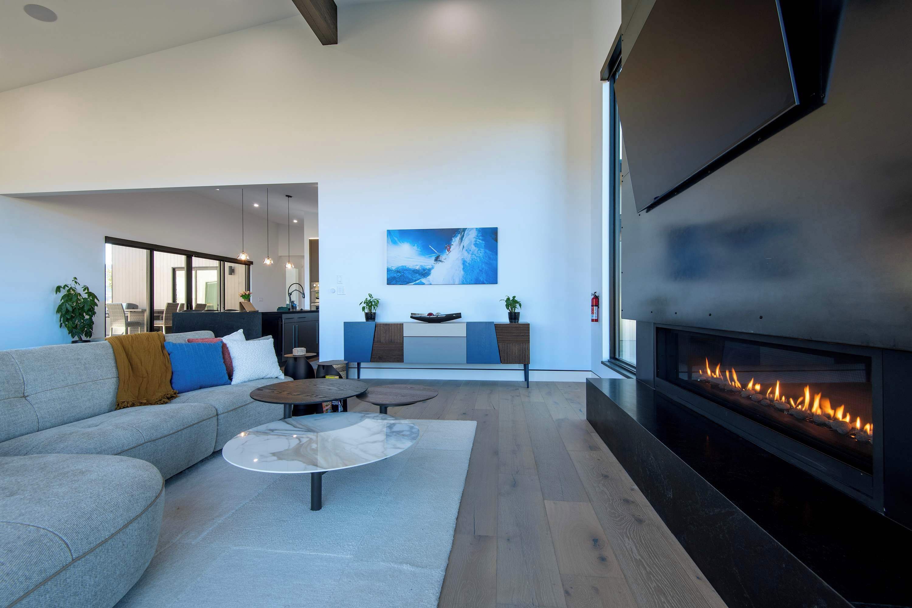 Smart TV, fireplace, books, stereo