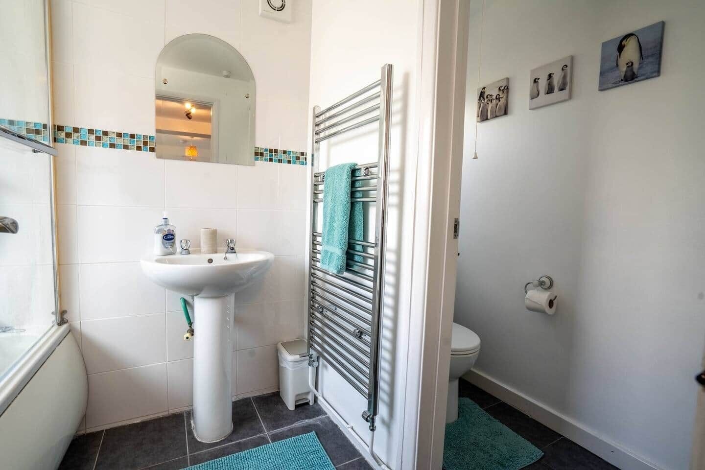 A bathroom with a white sink, a mirror, a towel rack, a toilet, and a shower area.