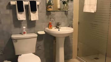 Een douche, handdoeken, zeep, toiletpapier