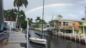 A marina with boats docked, a palm tree, and a rainbow in the sky. - Orange You Glad Cottage - A Fisherman’s  Paradise in sunny Matlacha (Matlacha)