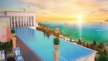 Outdoor pool, pool umbrellas, sun loungers