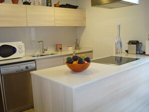Fridge, microwave, dishwasher, coffee/tea maker
