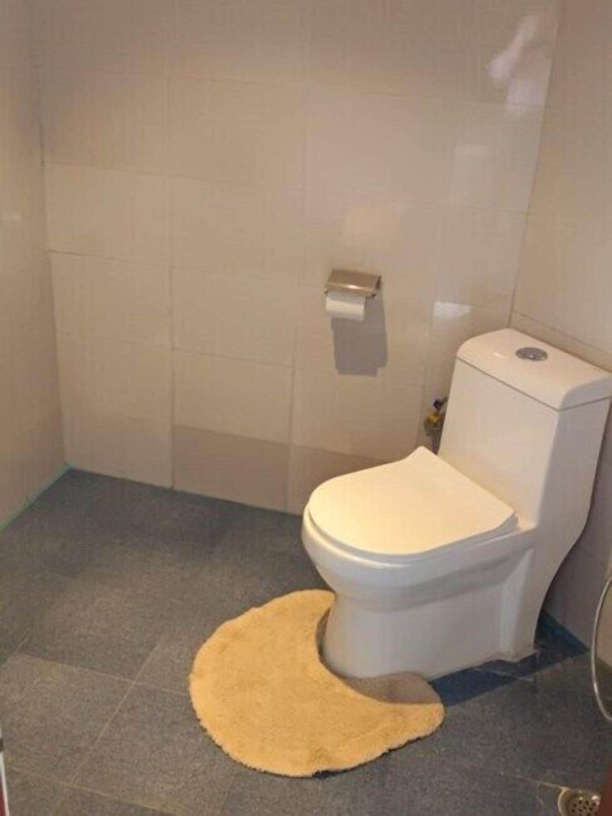 A bathroom with a toilet, a towel dispenser, and a rug on the floor.