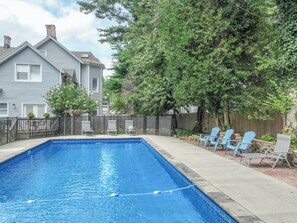 Seasonal outdoor pool, pool umbrellas, pool loungers