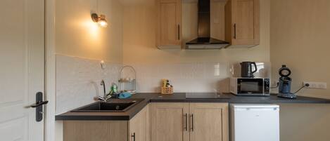 Fridge, microwave, coffee/tea maker, cookware/dishes/utensils