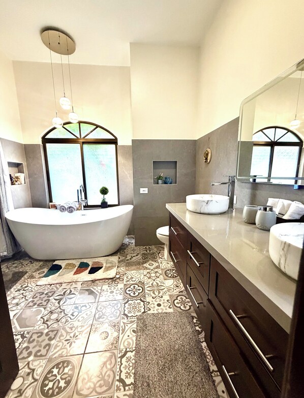 Hair dryer, towels, soap, toilet paper