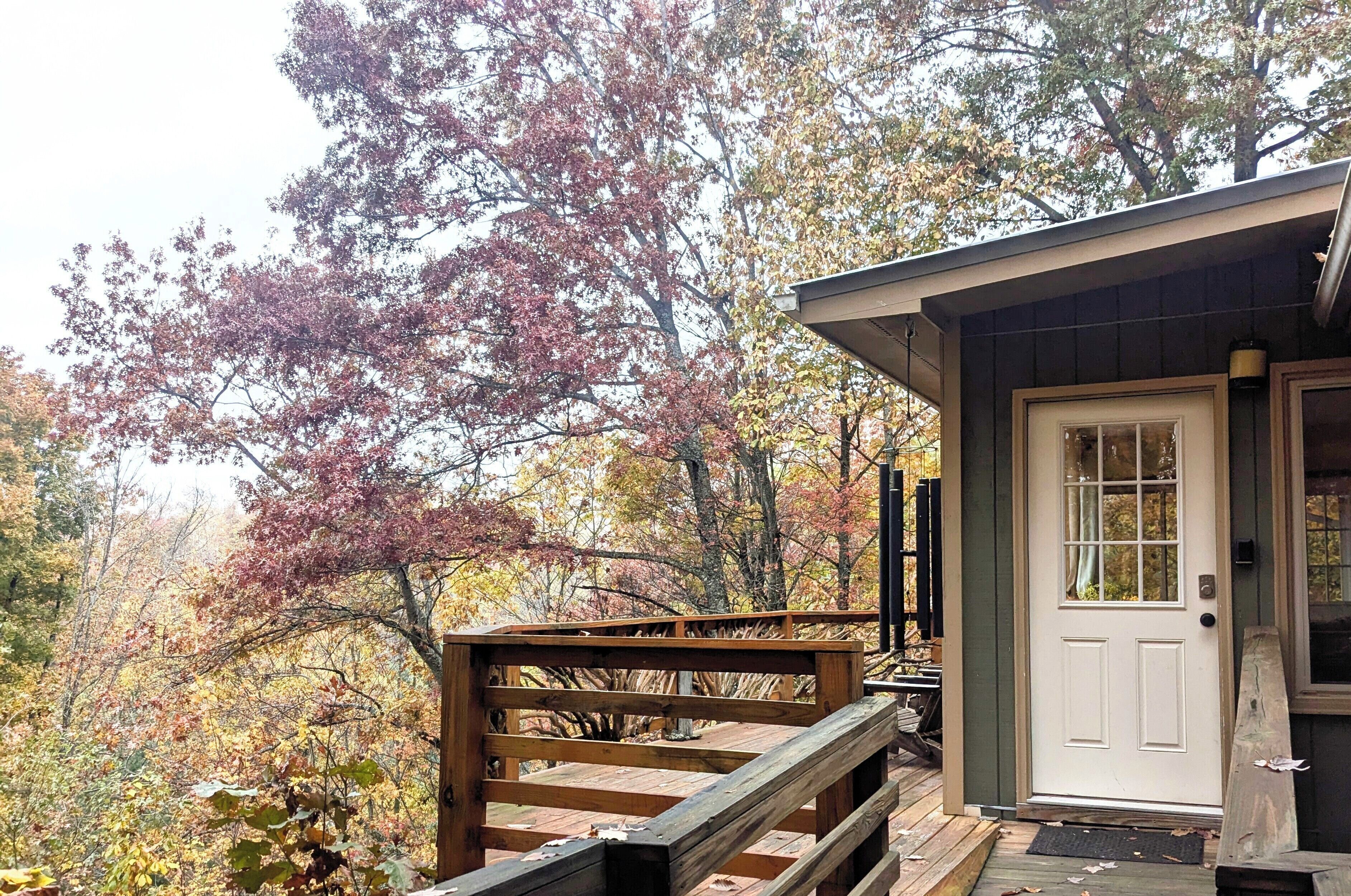A wooden deck with a white door, surrounded by autumn foliage.