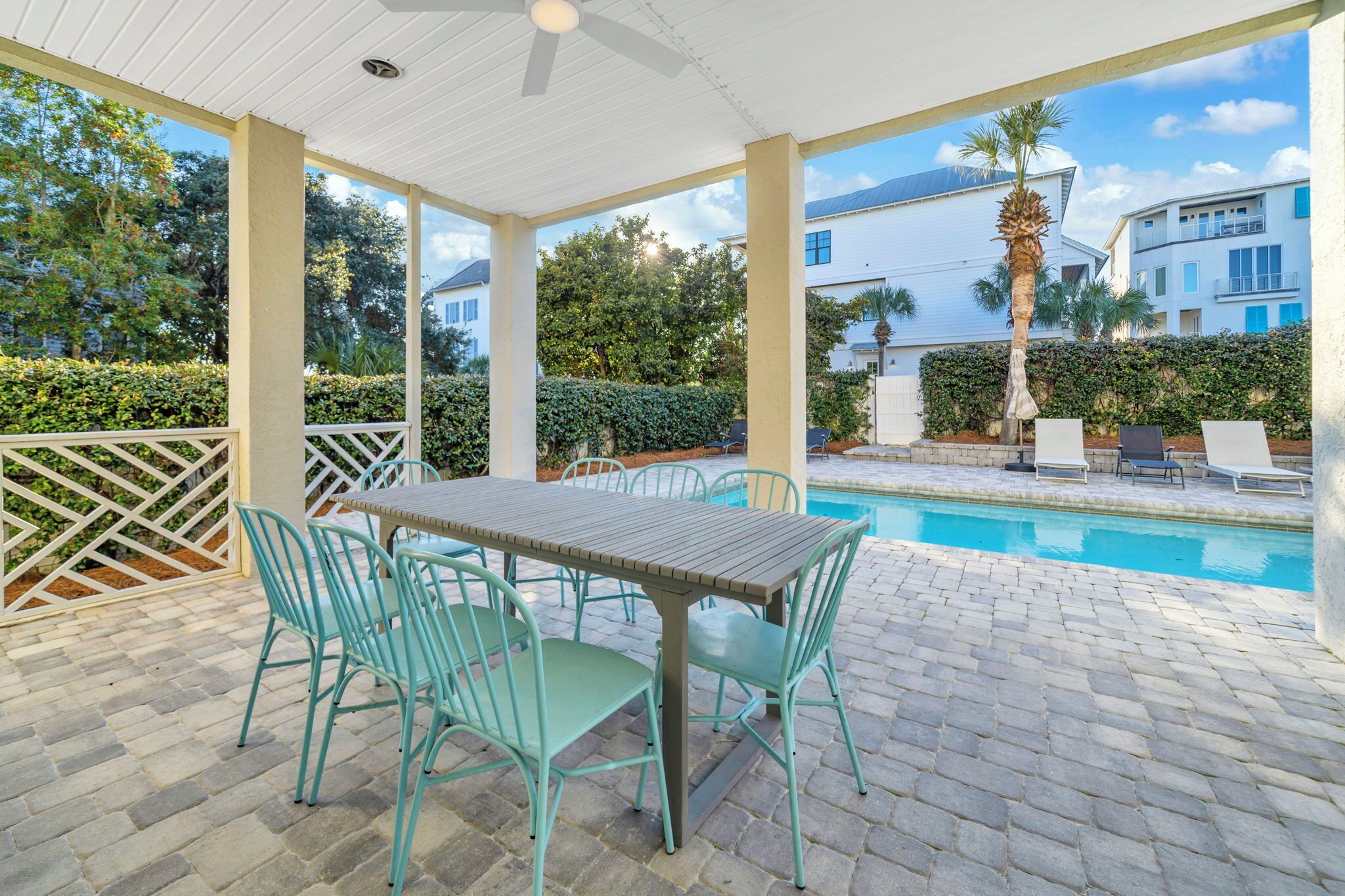 A covered patio with a pool, outdoor furniture, and a view of neighboring houses.