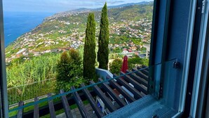 Une vue depuis une fenêtre donnant sur une ville côtière, avec ses maisons, sa végétation et un ciel dégagé.