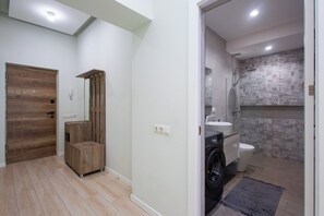 Une salle de bain moderne équipée d’une douche, de toilettes et d’un lave-linge.