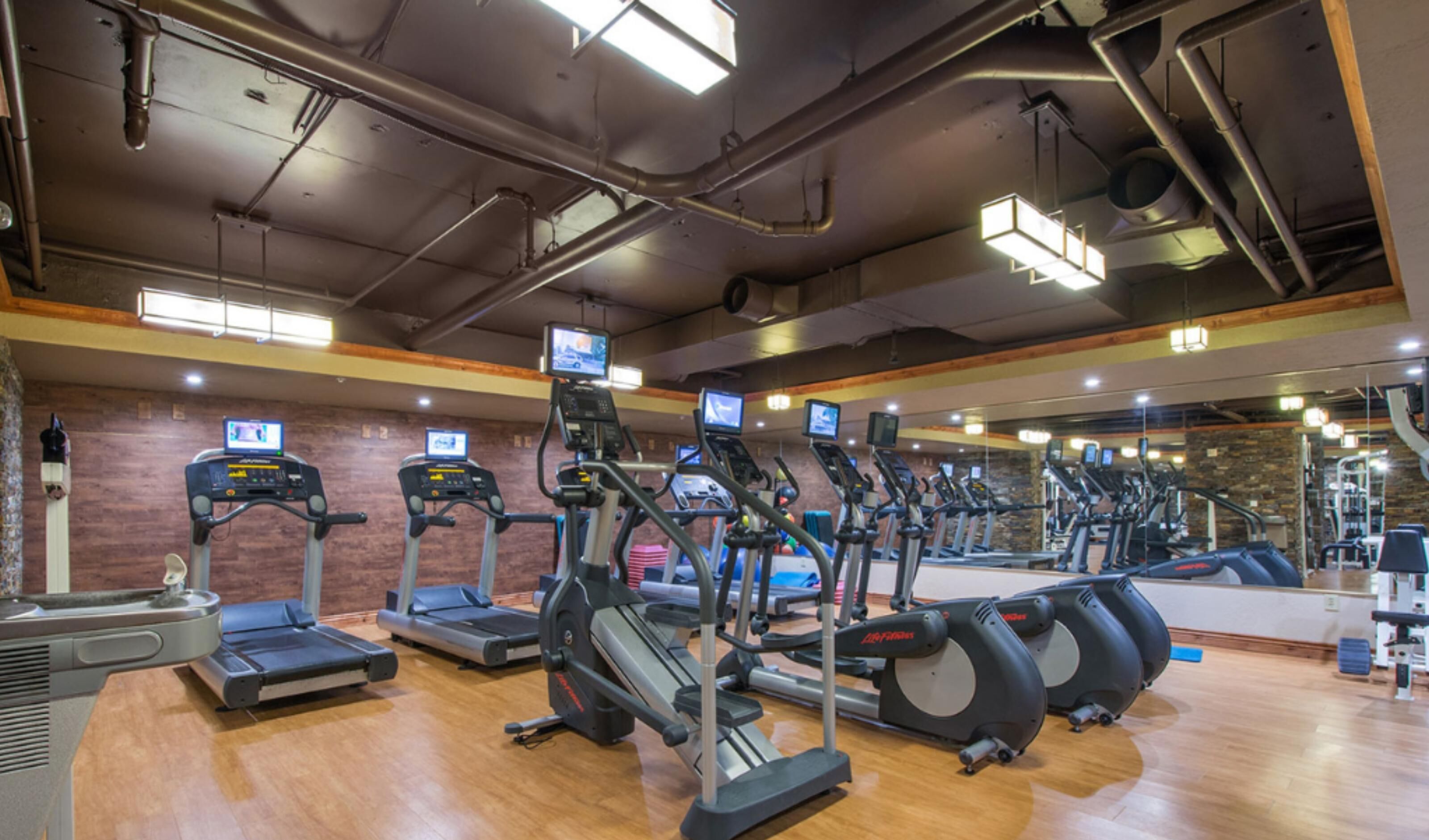 Une salle de sport équipée de plusieurs tapis de course, d’appareils elliptiques et de vélos d’exercice.
