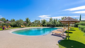 Seasonal outdoor pool, pool umbrellas, pool loungers