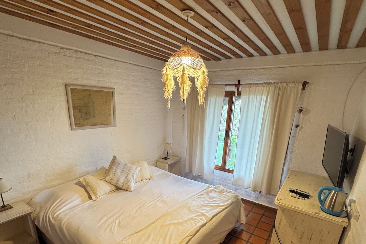 Une chambre avec un grand lit, un ventilateur de plafond, une fenêtre avec des rideaux, un téléviseur posé sur un meuble et une petite table avec une lampe.
