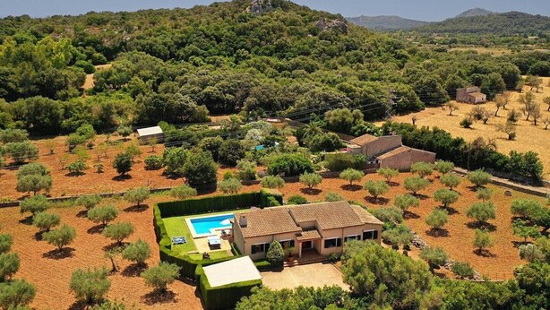 Uma villa com piscina, rodeada por oliveiras e uma paisagem montanhosa.