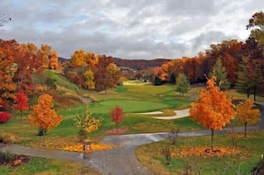 Um campo de golfe com folhagem outonal, céu claro e um caminho sinuoso.
