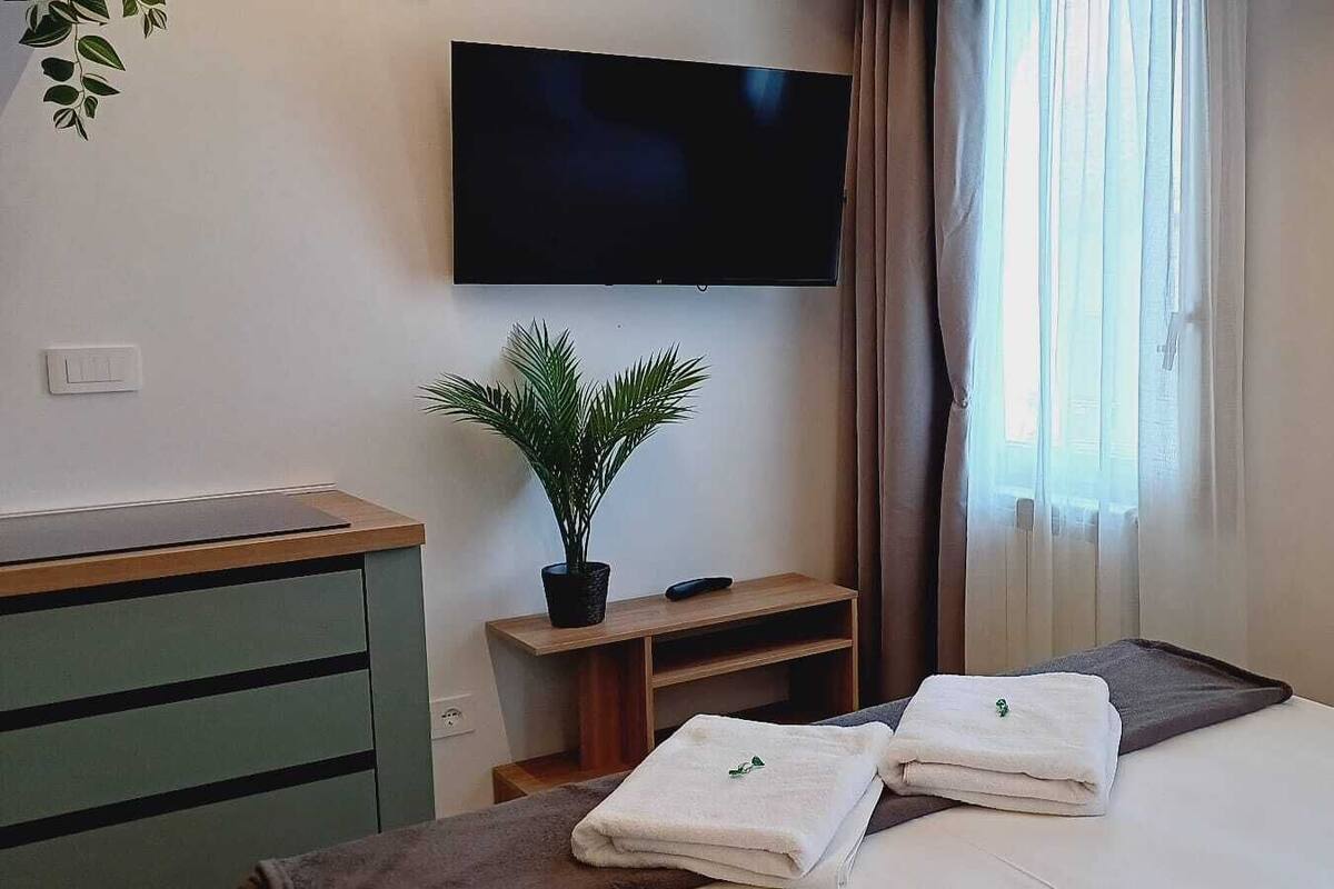 A hotel room with a bed, a TV mounted on the wall, a desk with a plant, and a window with curtains.