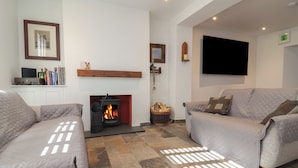 Una sala de estar moderna con chimenea, dos sofás, un televisor de pantalla plana y una estantería.
