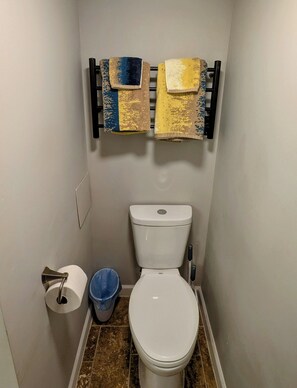Secadora de cabello, toallas, jabón, papel de baño 