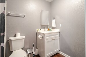 Hair dryer, towels, soap, shampoo