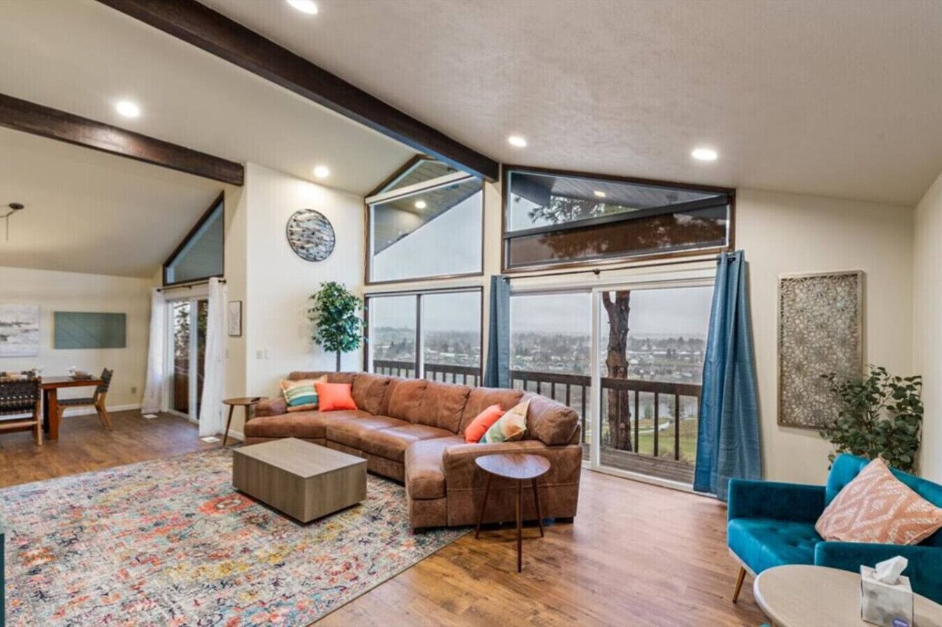 TV, fireplace, books, offices