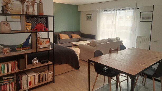 A modern living room with a sofa, a dining table, and a bookshelf.