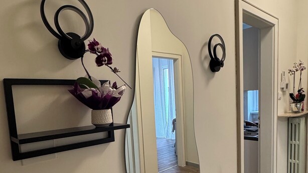 Un couloir avec un grand miroir, une étagère noire ornée d’un vase de fleurs et un appareil de climatisation fixé au mur.