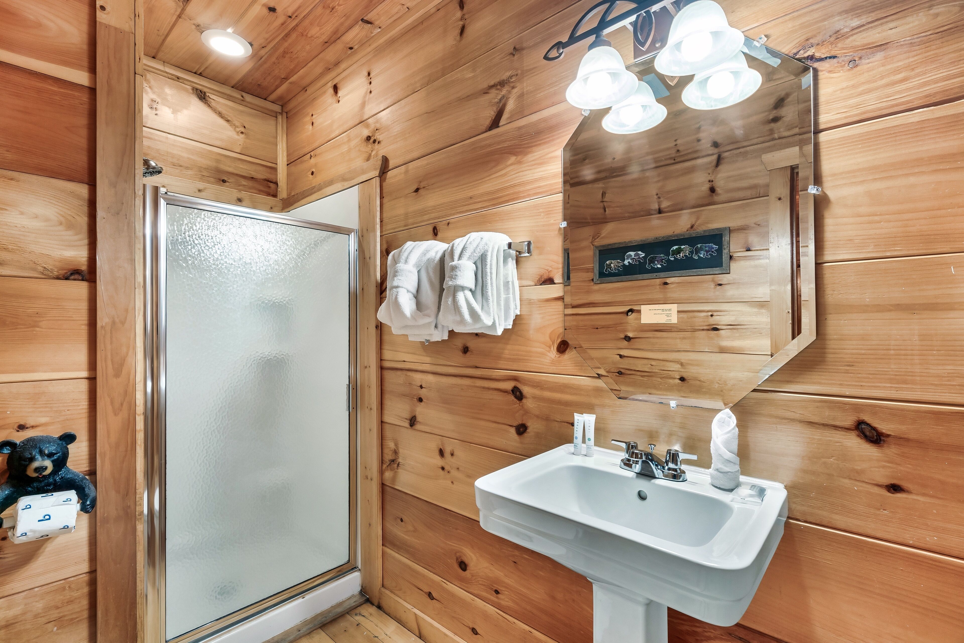 Une salle de bain aux murs lambrissés, dotée d’une porte de douche en verre, d’un lavabo et d’un miroir avec éclairage.