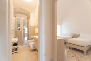 Shower, hair dryer, bidet, towels