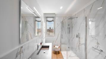 Shower, hair dryer, bidet, towels