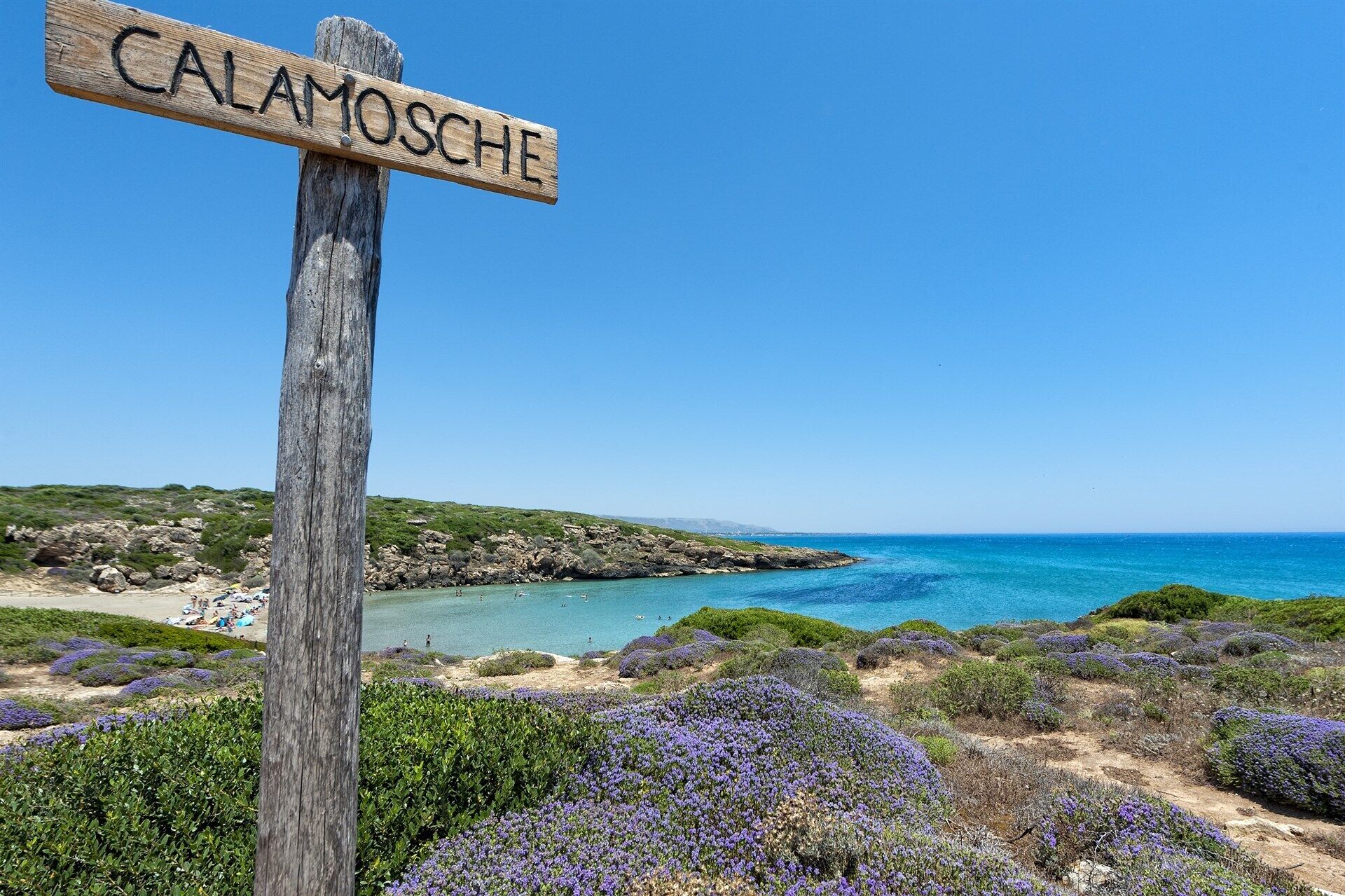 Un panneau indicateur en bois portant l’inscription « CALAMOSCHE », surplombant un paysage côtier avec des eaux d’un bleu limpide et une plage de sable.