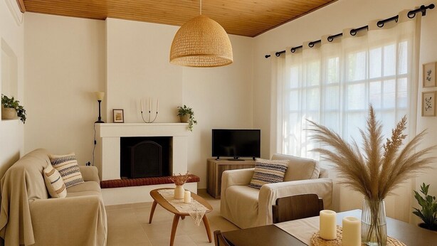 Uma sala de estar com lareira, sofás, televisão e mesa de jantar com velas.