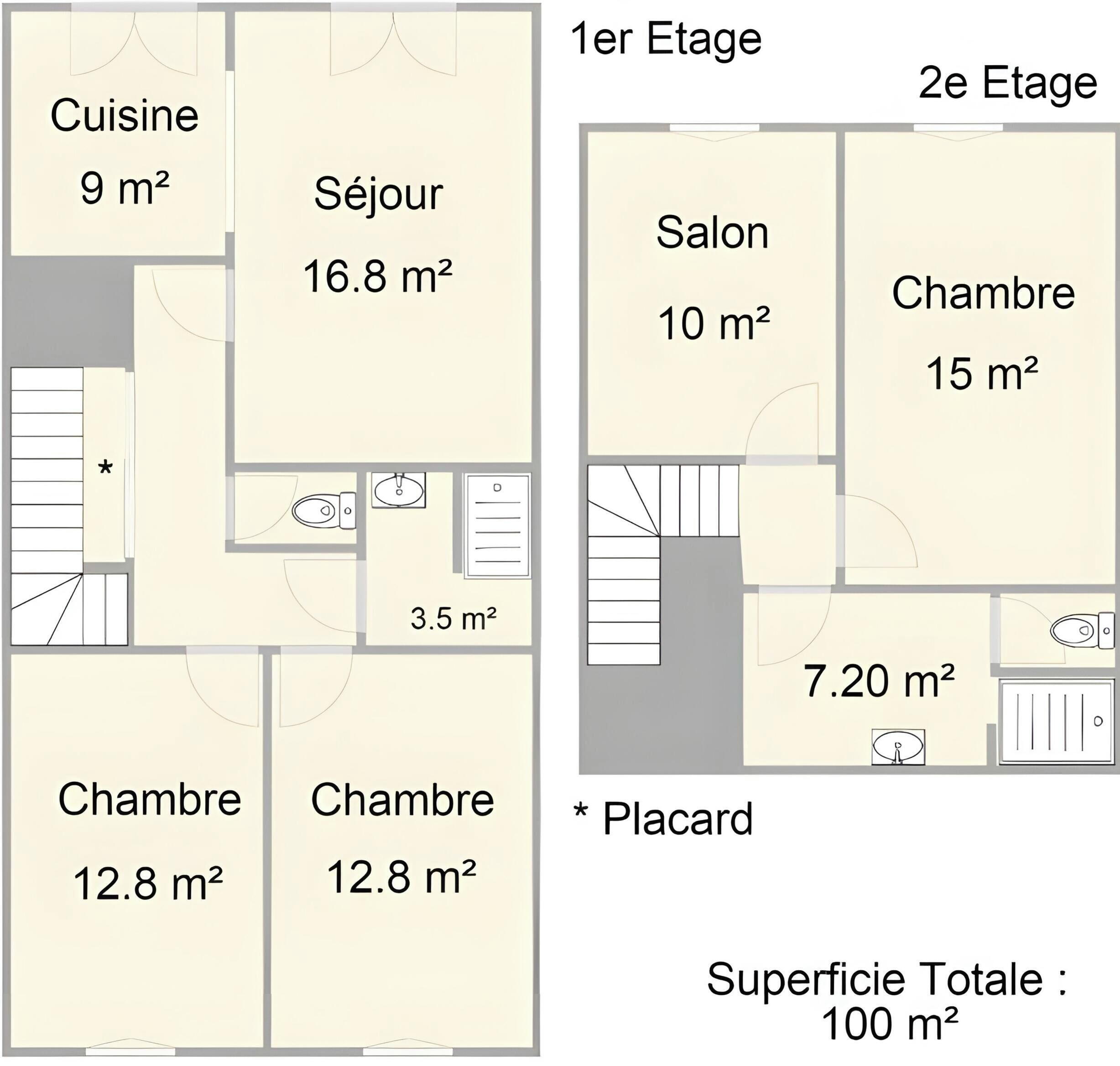 Un hôtel comprenant deux étages, avec une cuisine, un salon, deux chambres, une salle de bain, un espace détente et un placard.