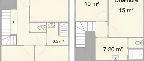 Un hôtel comprenant deux étages, avec une cuisine, un salon, deux chambres, une salle de bain, un espace détente et un placard.