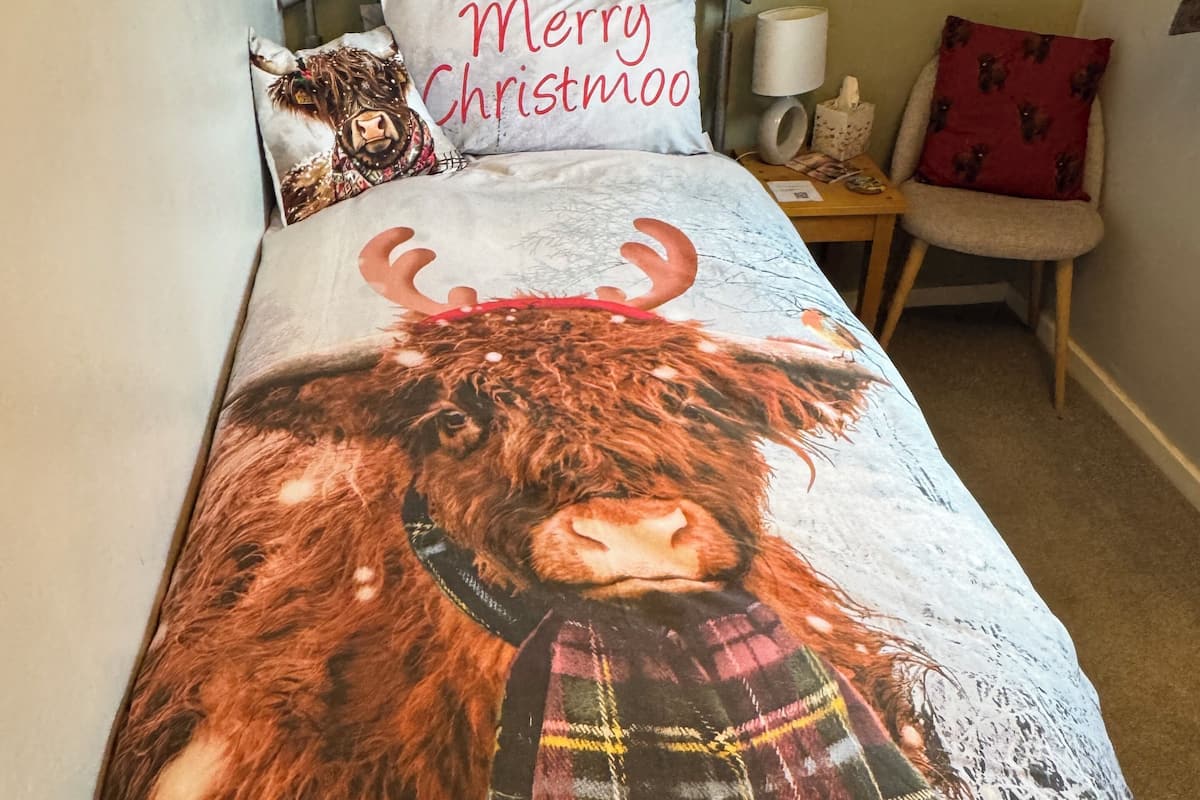 A bed with a festive design featuring a reindeer and the words "Merry Christmas."