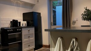 Eine moderne Küche mit Dachfenster, einem Einbauofen und einer Arbeitsplatte mit Pflanze.